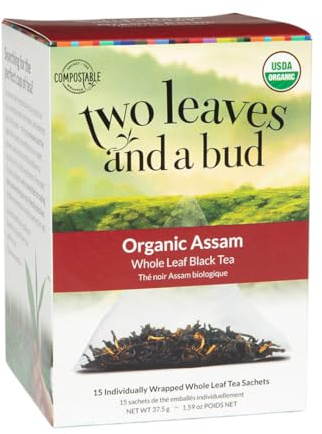 Two Leaves and a Bud Organic Assam Black Tea Bags, Whole Leaf Caffeinated Black Tea in Compostable Sachets, 15 Count (Pack of 1)