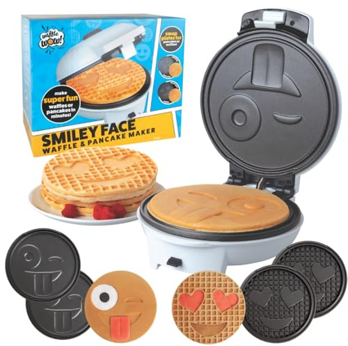 Smiley Face Emoji Waffler & Pancake Maker w 4 Interchangeable Removable 8 Plates- Heart Eyes or Silly Face- Adjustable Temp Nonstick Electric Iron with Recipes- Kids Breakfast Gift- Licensed by Emoji