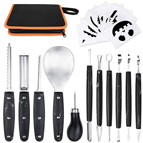 OWUDE Professional Pumpkin Carving Kit, 11 Pieces Heavy Duty Stainless Steel Carving Tools for Halloween with Carrying Case and 10 Pcs Carving Templates-Black