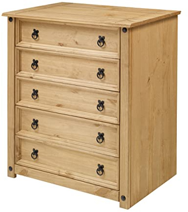Mercers Furniture Corona 5 Drawer Chest Small Solid Wood Pine Wooden Bedroom Storage Mexican Style Dresser Drawers 89cm High 80cm Wide 41cm Deep