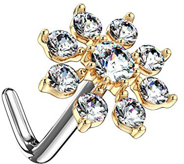 Piersando Piercing Stab Stecker Gebogen mit filigraner Kristall Blume Nase Ohr Tragus Helix Lippe Intim Nasenpiercing Nasenstecker Nasenflügel Gold