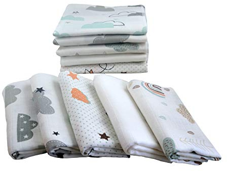 Muslinblöjor, blandad förpackning med 10 | rapdukar för bebisar | tygblöjor 80 x 70 cm | absorberande muslindukar | Oeko-Tex (unisex, moln)