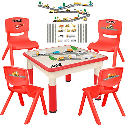 alles-meine.de GmbH Sitzgruppe für Kinder - Tisch + 4 Kinderstühle - Größen & Motiv & Farbwahl - Auto & Fahrzeuge Baustelle/rot - inkl. Name - höhenverstellbar - 1 bis 8 Jahre ..