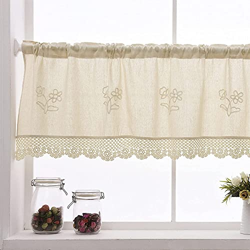 choicehot Küche Scheibengardinen Handgemachte Gestickte Blume Baumwolle Leinen Kurzgardine, Häkeln Spitze Bistrogardine Cafe Vorhang, (30 x 145cm, Beige A)