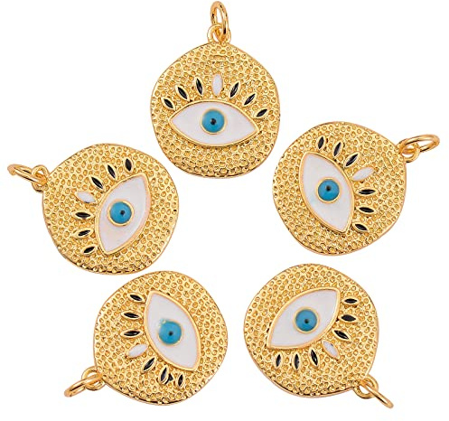 COGCHARGER 5 Pcs Flat Round with Evil Eye Brass Charm Pendants Brass Enamel Pendants Long-Lasting Plated Charm for Jewelry Necklace Bracelet Making