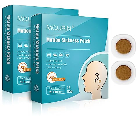 MQUPIN® Motion Sickness Patch Anti-Nausea Relief Vomiting Nausea Dizziness, Sea Sickness Patch 100% Natural Herb Treatment, Fast Acting, Suit for Car, Ships, Airplanes Travel, 40 Count/Box