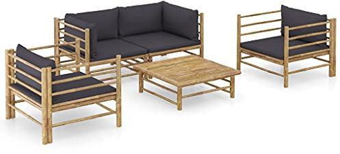 KOIECETA Gartenmöbel Kissen Garten Garnitur Sitzgruppe Sofa Gartensofa Lounge Sitzgarnitur Gartenset Ecksofa Mittelsofa Bambus (‎2X Eckteil + 2X Sessel + Tisch, Dunkelgrau)