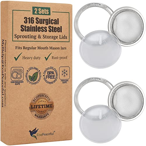 EcoPeaceful 316 Surgical Stainless Steel Sprouting Lids for Regular Mouth Mason Jars - Rust-Proof, BPA-free - Curved Mesh Lids for Canning Jars