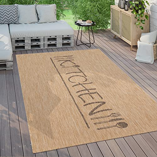 Paco Home Outdoor Teppich Wetterfest Wohnzimmer Balkon Küchenteppich Modernes Muster Mit Schriftzug, Grösse:80x250 cm, Farbe:Beige 2