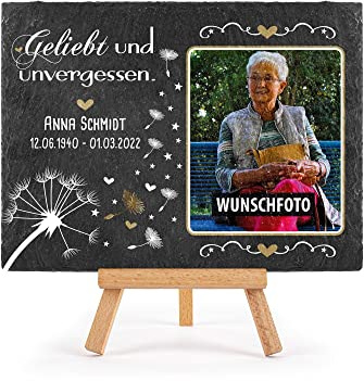 Print Royal Schieferplatte selbst gestalten - Gedenktafel mit Foto, Name & Datum bedrucken - Geliebt und unvergessen - Grabtafel, Grabschmuck | Schiefertafel mit Staffelei, 20x30 cm