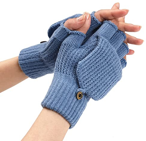Winter Knit Convertible Fingerless Wool Thermal Gloves - Unisex Womens (Light Blue, One Size)