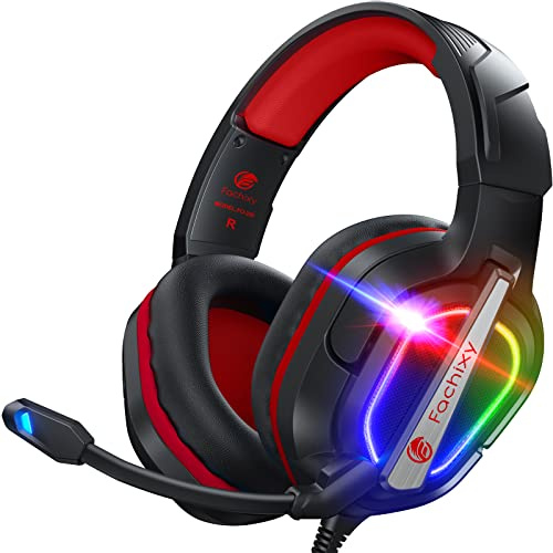 Fachixy FC200 Casque Gaming pour PS5, PS4, PC, Xbox, Nintendo Switch, Casque PS5 avec câble et lumière RGB, Casque stéréo Surround avec Micro, Noise Cancelling Gamer Headphones - Rouge