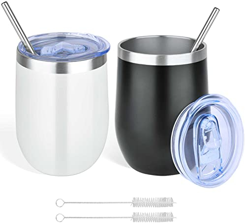 NUZEKY Weinbecher Edelstahl mit Deckel und Strohhalmpinsel: 2 Stück 12OZ Doppelwandige Vakuumisolierte Weingläser, Hält 5h Heiß/ 10h Kalt Trinkbecher, Kaffeebecher Travel Mug 12OZ U-Cup Double-Layer