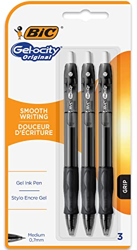 Bic Gel-ocity ST Original Gel Ink Rollerball Pens - Medium 0.7mm Nib Tip - Blister Pack of 3 - Black Ink