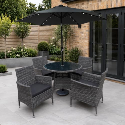 GOODS EMPORIUM 4 Seater Rattan Garden Dining Set with 2.5m Solar LED Crank Tilt Parasol - 5 Piece - Indoor, Outdoor, Patio, Conservatory Armchairs & Round Table (Dark Grey Mixed with Parasol & Base)