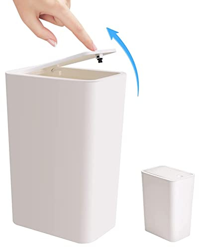 Bathroom Bin with Lid 9.1 L Small Trash Can White Waste Paper Bin Top Press Slim Garbage Can for Home Office Bedroom Kitchen