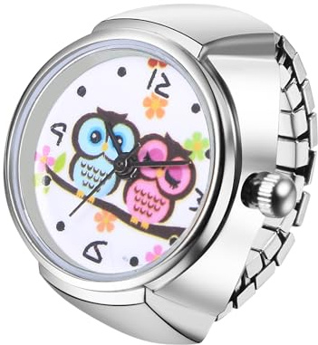 JewelryWe Ringuhr Fingeruhr Elastisch Eule - Damen Analog Quarz Fingerringuhr Ring Uhr Uhrenring mit Eule rundem Zifferblatt und Silber Legierung Elastisch Band