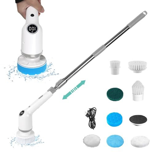 Electric Spin Scrubber, 9 in 1 Handheld Extendable Cordless Cleaning Brush with 9 Brush Heads, IPX4 Digital Display Cleaning Scrubber for Bathroom, Car, Glass (Grey)