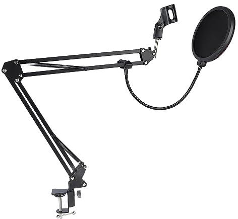 Support de Microphone à Bras de Micro, Perche de Suspension Réglable et Flexible, Bras de Microphone Rotatif à Ciseaux, Support de Micro avec Pince Robuste et Filtre Anti