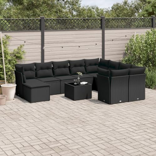 ULUYYUC 10-TLG. Garten-Sofagarnitur, Schlafsofa Eckbankgruppe Fußhocker Terrassenmöbel Geeignet für Hinterhof Balkon Außenbereich Garten mit Kissen Schwarz Poly Rattan