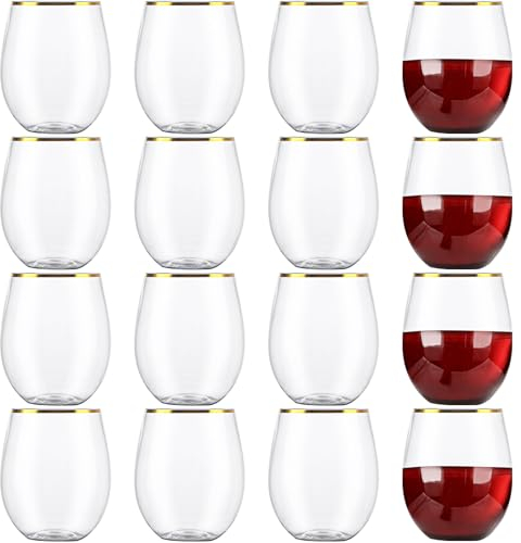Oungy 16 Pack Plastic Stemless Wine Glasses, 12oz/350ml Plastic Wine Glasses Reusable, Clear Stemless Wine Cups Gold Rim Plastic Glasses for Party, Wedding, Picnic
