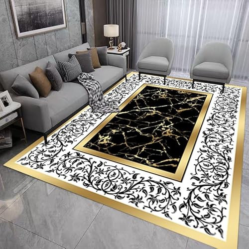 Teppich Schwarzer Weißer Marmor Flauschig Kurzflor,Mikrofaser Super Weich,Anti-Rutsch,Waschbar,Teppich Webteppich Für Wohnzimmer,Flur,Schlafzimmer Teppichläufer 120X160Cm