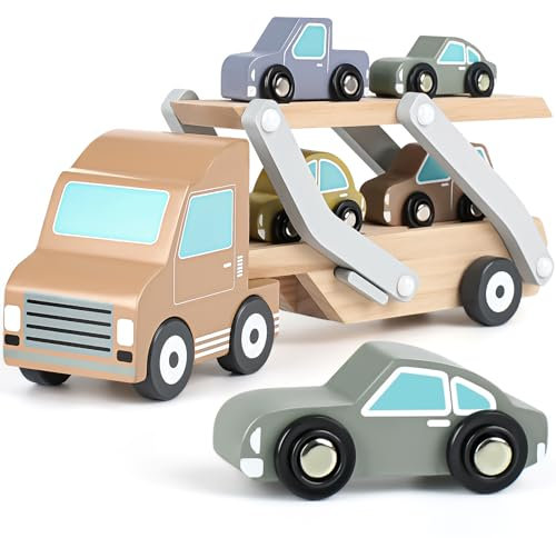 Wooden Toys Car Transporter Toy with 4 Cars Wooden Toys 2 3 Year Old Toy Cars for Toddlers Gifts for 3 Year Olds Boys Girls