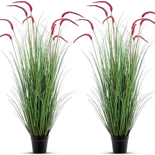 Jexine 2 Pack 4 ft Artificial Reed Grass Plants, Purple Plumes in Pots