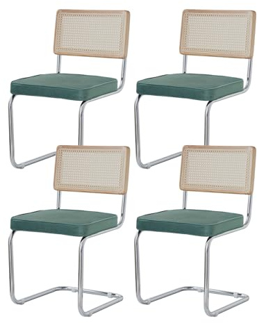 GrandCA HOME Set di 4 Sedie da Pranzo con Schienale in Canna Naturale e Base in Acciaio Cromato, Sedie da Cucina Imbottite in Rattan,Verde