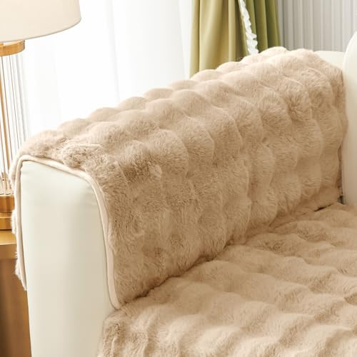 Royhom Rabbit Plush Sofa Cover Washable, Khaki Couch Cover for Dogs, Warm Sofa pet protectors, Fuzzy Couch Protector, Non Slip, Super Soft (Armrest, 70x70cm)