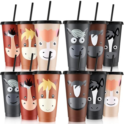 Mifoci 12 Pcs Horse Party Favors 24 oz Horse Cups with Lid Straw Cowboy Cups Bulk Horses Birthday Decorations Reusable Plastic Drink Tumbler for Birthday Gifts Racing Theme Animal Spring Party Supply
