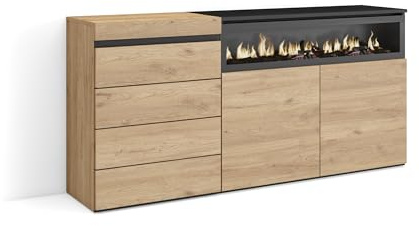 Skraut Home | Kommode mit Schubladen | Aufbewahrungsschrank | 157x75x35 cm | Für Schlafzimmer, Zimmer | Elektrokamin. | Moderner Stil | Eiche