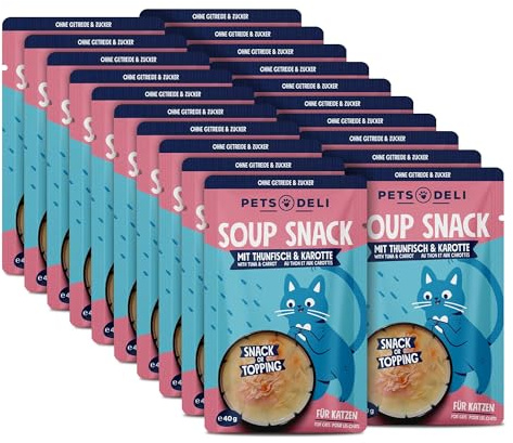 Pets Deli Suppe für Katzen mit Thunfisch, 20x40g | Hoher Anteil Thunfischfilet, mit Karotte für pflanzliche Ballaststoffe, getreidefrei, ohne Zucker, Premium Qualität