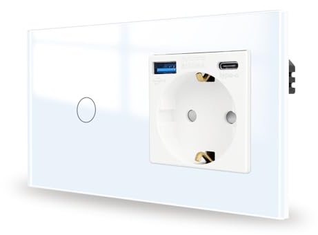 JIMEIDA Interruptor táctil con enchufe de carga rápida de 20W, color blanco con puertos USB (USB A y tipo C) de 1 vía, panel de vidrio y LED de estado, interruptor de pared, no se requiere conductor