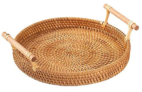 ZXDZMM Petit Panier de Pique-Nique tissé à la Main, Panier Rond en Osier, Plateau de Rangement en rotin, Panier de Pique-Nique pour Pain, Fruits, Nourriture, Petit-déjeuner, Panier de Rangement de