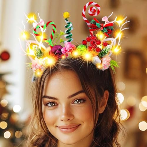 Jovono Leuchtendes Weihnachts-Rentiergeweih-Stirnband, Weihnachts-LED-Geweih-Kopfbedeckung, Blumen-Haarreif, Kostüm, Festival-Haar-Accessoires für Frauen (Herz)