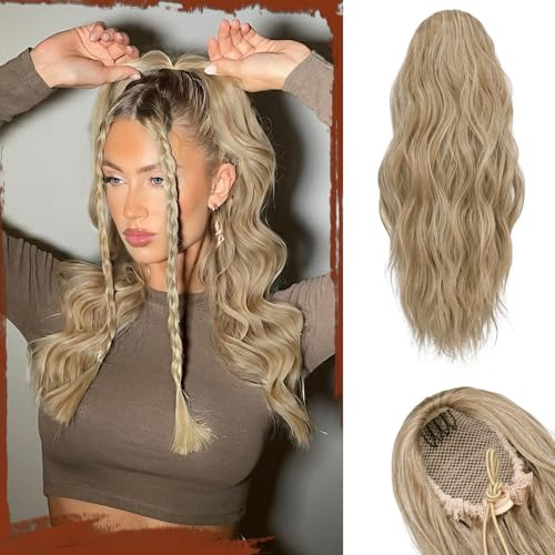 Sofeiyan Pferdeschwanz Haarteil mit Kordelzug Wellig Lockig Ponytail Extension 45 cm Beach Pferdeschwanz Zopf Extension Synthetisches Haarteil für Damen, Dunkelblond & Bleichblond