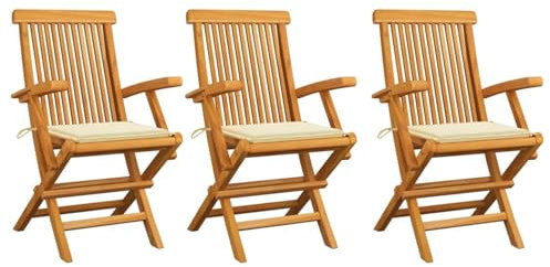 Xichuzi Gartenstühle mit Cremeweißen Kissen, Gartenmöbel, Balkonstühle, Hochlehner, Balkonmöbel, Bistrostuhl, Garten Stühle, Sit Möbel, Armlehnenstuhl, 3 STK. Massivholz Teak