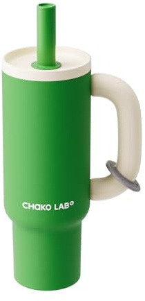 CHAKO LAB BaWang - Bicchiere termico in acciaio inox, con manico e cannuccia, 940 ml, adatto al portabicchieri da viaggio, a tenuta stagna, senza BPA, rivestimento in ceramica, verde e bianco