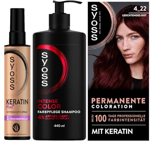 SYOSS Coloration 4_22 Leuchtendes Rot (115 ml) professionelle Farbintensität & Shampoo Intense Color Farbpflege Shampoo (440 ml) Farbschutz & Keratin Heat Hitzeschutz Spray (200 ml)