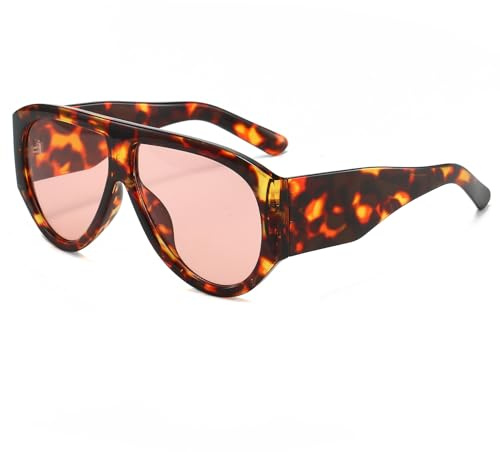 LJCZKA Överdimensionerade Pilot Solglasögon Kvinnor Män, 70-talet Retro Fyrkantiga Solglasögon Wrap Stora Tjocka Bågar UV400 Skydd, Rosa Leopard