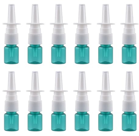 Happyupcity 12 botellas de spray nasal de plástico verde vacías de 5 ml, recargables, pulverizadores de niebla fina con cabezal de prensa, contenedor portátil de agua de maquillaje para perfumes y