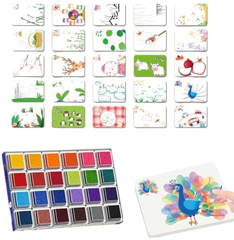 Sponge Finger Painting Set - Washable Finger Paint Set for Kids | Funny Colorful Drawing Supplies with 24 Colors Ink Pads & 25 Drawing Cards for Craft Art Card Making (B)