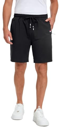 FGFD&OU Pantalón Corto Hombre Algodón Pantalones Cortos Deportivo para Correr Deporte Yoga Tiempo Libre, Bermuda de Elásticos Transpirable con Bolsillos Cremallera (Negro, XXL)
