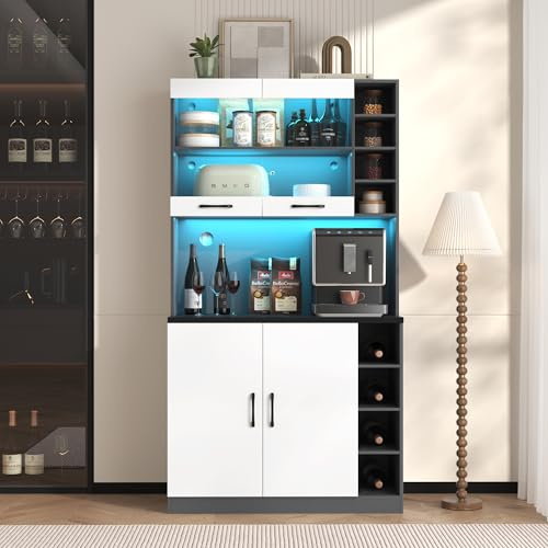 LARFOEK Küchenschrank, Buffetschrank mit LED-Beleuchtung und Kabellöchern, Sideboard mit Arbeitsplatte, Großer Stauraum, Küchenbuffet für Küche, Wohnzimmer, Esszimmer, 100x47x187cm, Weiß+Grau