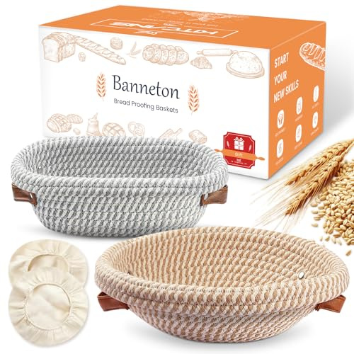 Banneton Proofing Basket, Sourdough starter kit with Liner and Cover 10 Round and 11 Oval Cotton Rope Sourdough Starter Kit Baking Accessories, Bread Making Tools Gifts for Bakers Women