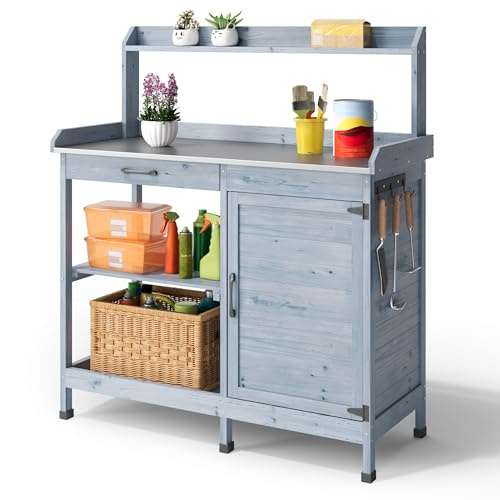 Blishom Gärtnertisch, Pflanztisch mit Schubladen & Unterschrank, Garten Arbeitstisch aus Holz mit verzinkter Arbeitsplatte, für Garten, Balkon, Terrasse, 112x46x125 cm, Grau