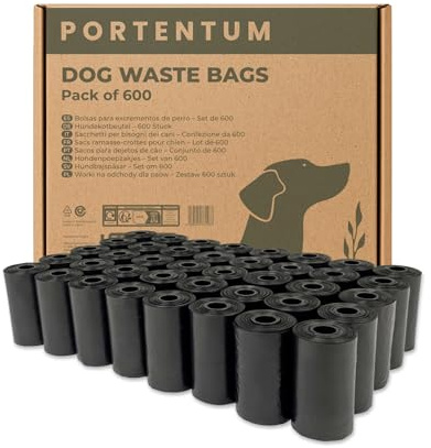 PORTENTUM Bolsas Caca Perro, 600 Unidades (40 Rollos), Negras - Extra Resistentes, Antifugas y de Fácil Apertura, Bolsas para Excrementos de Perro de Material Reciclado y Sin Perfume