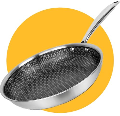 Pasper Poêle à frire Ø 28 cm – Sans PFAS, PTFE et PFOA – Induction, électrique, céramique, gaz et four – Poêle en acier inoxydable avec revêtement anti-adhésif en nid d'abeille résistant aux rayures
