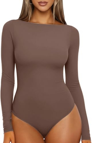 Sukiglam Body Donna Maniche Lunghe Scollo a Barchetta Bodysuit Top Elegante Basic Body Intimo Aderente Elasticizzato Camicia Body Sottogiacca Leggero Morbido Casual T-Shirt Manica Lunga per Layering